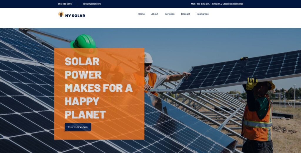 Inds Template Design by ColorLib.com. Modified content and information for a fictional website called NY-Solar for an Interactive Design Course.